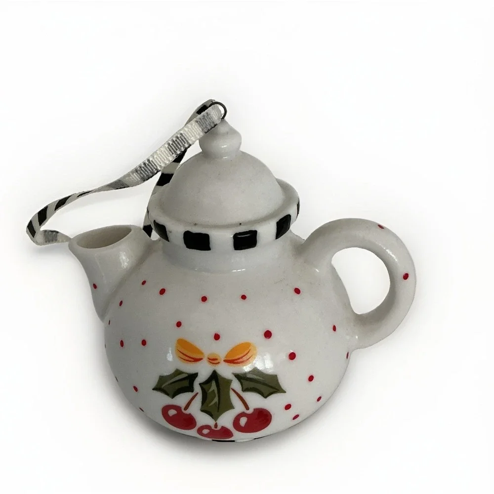 Mary Engelbreit Mini Teapot Ornament- White & Black & Red w/ Cherries Christmas